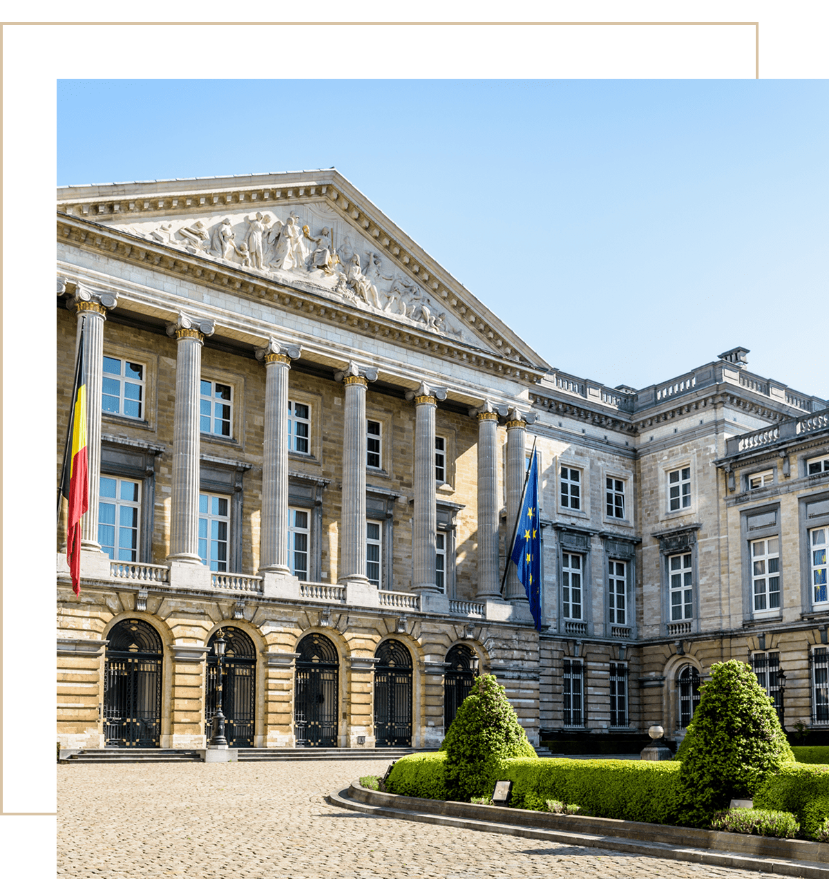 Elegant architecture with European flags