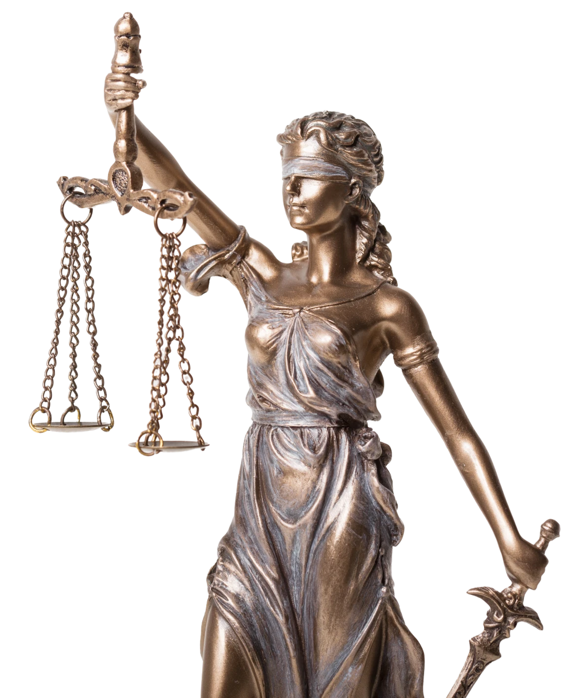 Bronze Lady Justice holding scales and sword